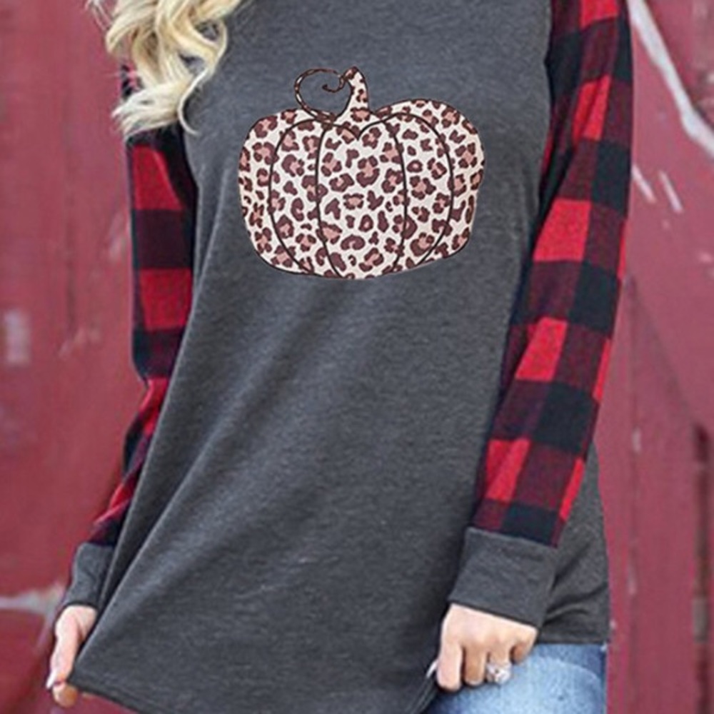 NWOT Pumpkin and Buffalo Check Sleeve Top